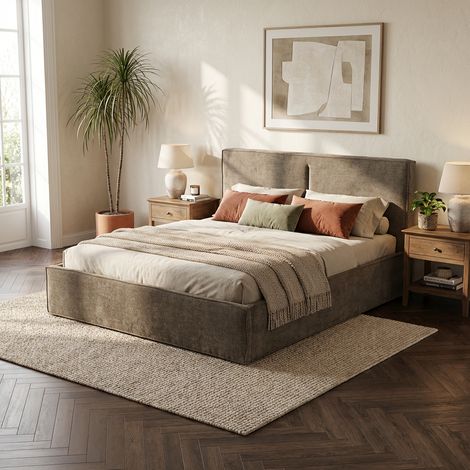 Lit coffre double tissu chenille moka sommier relevable 180x200 cm OLIVIA (1/5)