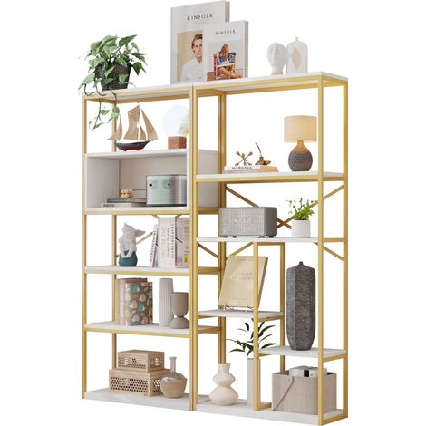 Bibliothèque haute 160 x 29,5 x 180 cm en MDF et métal, étagères ouvertes dorées et blanches, style moderne minimaliste, stable, montage facile CHICFURN (1/5)
