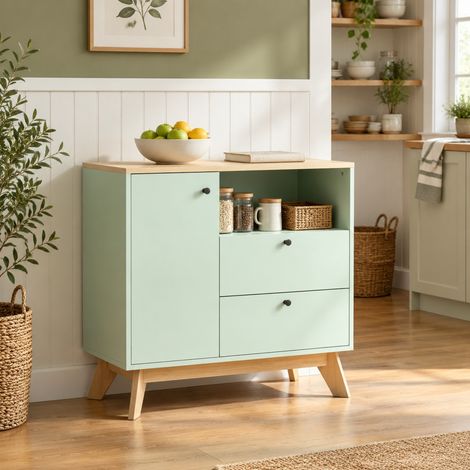 Credenza 80x35x76,3 cm in MDF verde chiaro con contenitore salvaspazio FloraGrace (1/5)