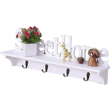Porte-manteau mural en bois Sweet Home avec étagère, patère à 4 crochets pour entrée, salon, rangement de clés et vêtements, décoration intérieure (1/5)
