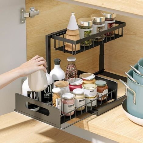Rangement sous Évier Cuisine, Métal Organisateur sous Evier Tiroir Coulissant à Extraction 2 Étages Forme en L, Noir