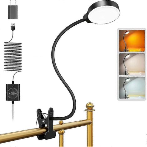 Lámpara de lectura con clip para cama/escritorio, 36 LED USB, luz suave y agradable para la vista, 3 colores y 5 niveles de brillo, clip de cuello de cisne ajustable. (1/5)