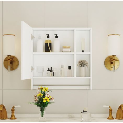 Armoire de salle de bain blanche en MDF avec miroir et étagères, montée murale (1/5)