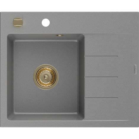 Mexen Ben lavello da cucina in granito a 1 vasca con gocciolatoio sinistro 600 x 500 mm, grigio, sifone dorato - 6522605000-71- (1/5)