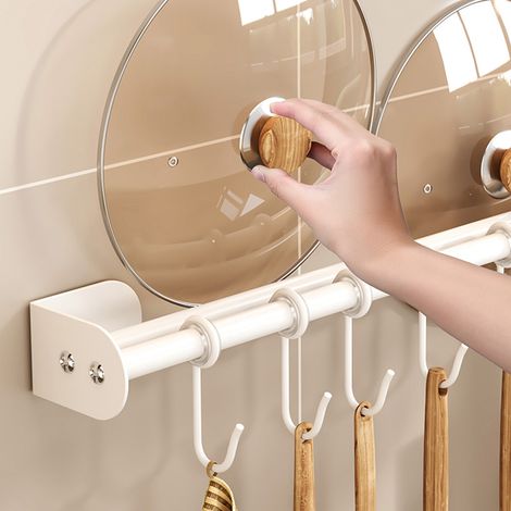 Barre de rangement murale adhésive en acier inoxydable 201 avec 8 crochets pour spatules, cuillères, casseroles et poêles - Blanc - 40 cm (1/5)