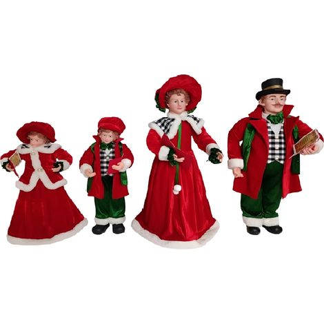 Set 4 Cantori Natalizi Vestiti Rosso bianco verde a scacchi GRANDE Decorazione   Natalizia Famiglia Cantori coro di natale eleganti e particolarigrandi da  67 a 91 cm idea regalo