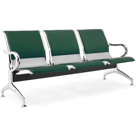 Panca per Sala Attesa 3 Posti da Ufficio con Cuscino in Acciaio e Similpelle Argento/Verde bosco (1/4)