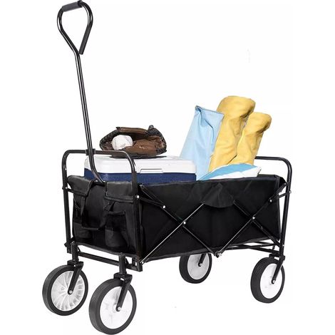 TLGREEN Bollerwagen Transportwagen Faltbar Handwagen mit Seitentasche, Gartenwagen mit 80kg Tragkraft, Outdoor Camping Einkaufen für jedes Gelände (Schwarz) (1/5)