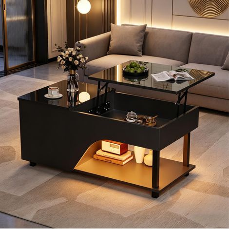 Mesa de centro (50x100x46 cm), altura ajustable con almacenaje oculto y estantes laterales, LED USB, aglomerado negro (1/5)