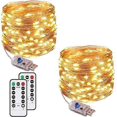 [2er-Pack] 100 LED-Lichterkette, 10 m, 8 Modi, USB-betrieben, IP65 LED-Lichterkette für den Innen- und Außenbereich, Kupfer, mit Fernbedienung und Timer für Schlafzimmer, Party, Weihnachten (Warmweiß) (1/5)