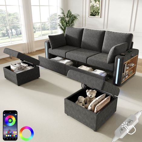 Canapé d'angle modulable U/L 190 x 130 x 85 cm avec 2 poufs coffre, 2 tiroirs, LED avec appli et USB-C, velours côtelé Gris (1/5)