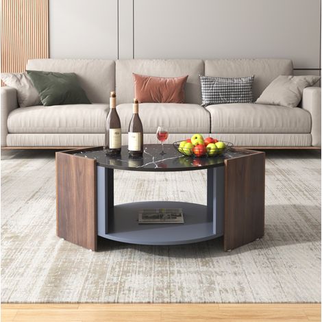 Tavolino da salotto con effetto marmo e noce, design texturizzato bicolore (1/5)