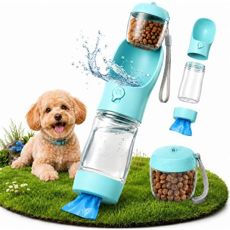 Gourde Chien 3 en 1, Bouteille d’Eau pour Chien 350 ML avec Bol Intégré, Compartiment Friandises 100 g et Sacs à Déjections, Gamelle Portable Chien pour Promenade Voyage Randonnée (1/5)