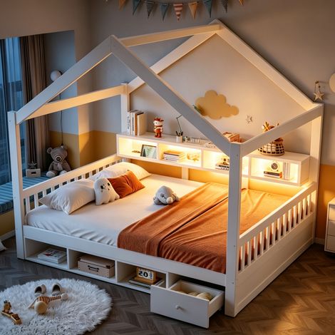 Pour ados et enfants, recharge pratique et rangements intégrés, lit cabane 140x200 cm en bois avec tiroirs et LED, blanc (1/5)