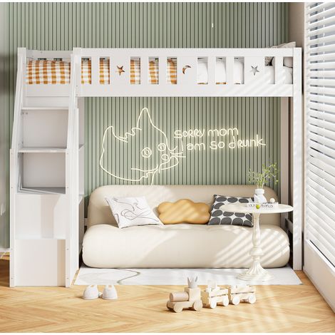 Letto a soppalco moderno in legno bianco 90x200 cm con scala contenitore, cassetti, ripiani e rete a doghe