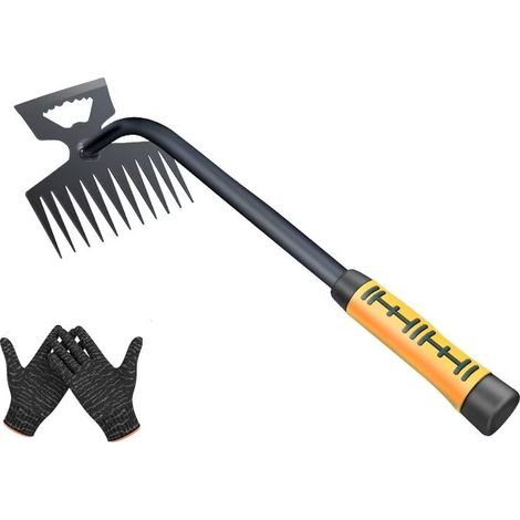 Désherbeur Manuel, 11 Dents Rateau de Désherbag, Râteau de Jardin en Acier Inoxydable Outil de Désherbage,avec gants (1/2)