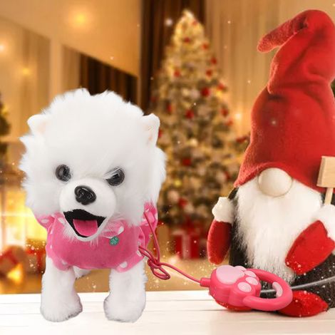 Un chien en peluche électrique avec une laisse qui hoche la tête, chante, marche et est tout mignon en rose. (1/5)