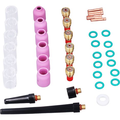 Set mit 40 WIG-Brennerzubehörteilen, Kragen, Aluminiumoxiddüsen, Glasbecher, Gas, für WP-9/20/25 Stationen. (1/5)