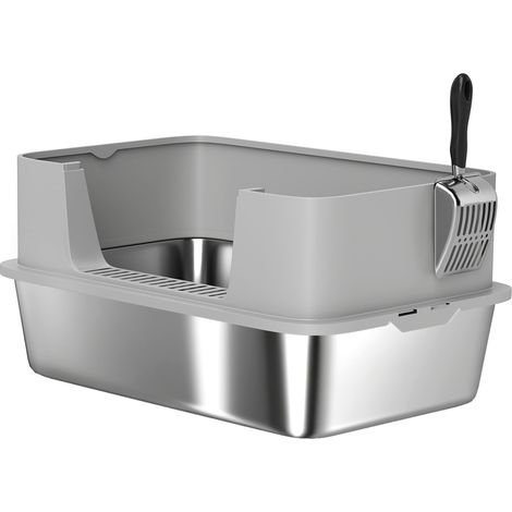 Lettiera per Gatti XL in Acciaio Inox con Paletta Lati Alti Antiperdita Antiodore Fino a 7 kg Grigio (1/5)