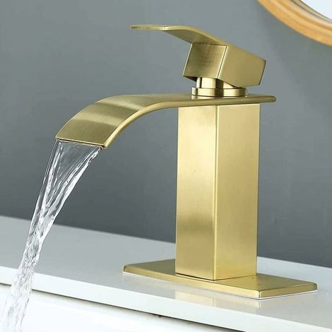 Rubinetto da bagno dorato a cascata, rubinetto per lavabo monoforo a maniglia singola, miscelatore per lavabo (1/4)