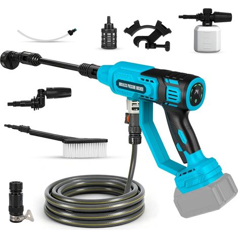 Nettoyeur Haute Pression sans Fil 4,9 MPa pour 18V (sans Batterie) Pistolet nettoyeur à pression, 440W, 4 vitesses, sans balais, tuyau 5m, buse 6 en 1 et 180°, pichet mousse, brosse (1/5)