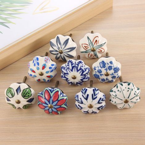 Juego de 9 tiradores clásicos de cerámica antigua, tiradores para mueble de té, tiradores clásicos para armario, tiradores con estampado europeo. (1/3)
