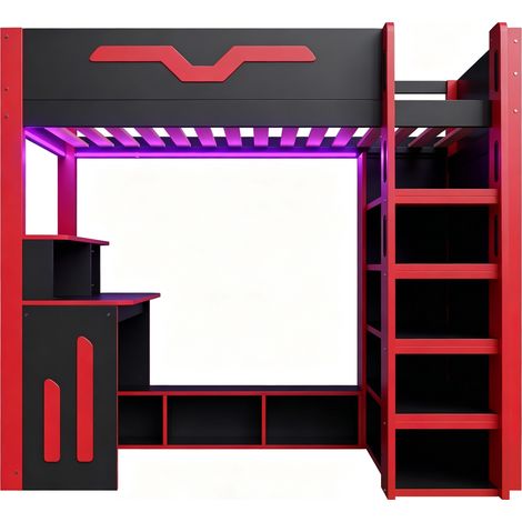 Hochbett 90x200 mit Schreibtisch und Stauraum, schwarz/rot, MODENUIT (1/5)