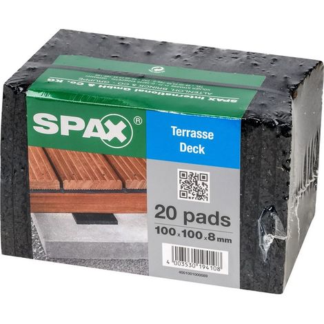 Spax – Plot pour terrasse 20 pièces – Hauteur 8 mm – Pour bois dur et teck – Protection contre l'humidité – Dimensions 100 x 100 mm