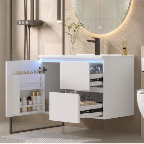 Mueble bajo lavabo suspendido con 2 cajones, iluminación LED, estante de puerta, blanco (1/5)