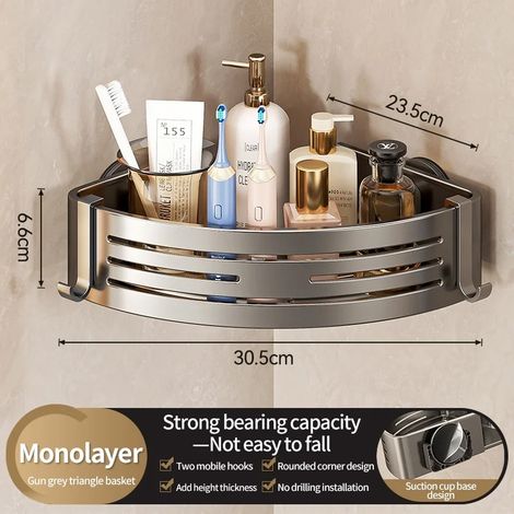 (Triangle gris) Étagère de rangement de salle de bain en aluminium sans perforation avec ventouses, panier triangulaire mural, rangement d'angle pour salle de bain (1/5)