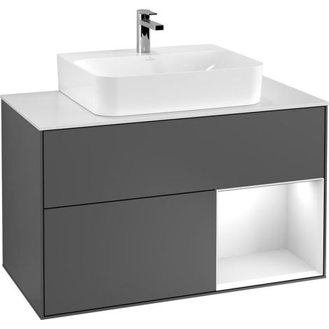 Finion, Mueble de baño, 1000 x 603 x 501 mm, Angular, con estantería (iluminado), modelo suspendido, De madera, lavabo en el medio, iluminación LED, 1x LED / 2.3W, 2x LED / 4.2W, 2700 K hasta 6480 K, 