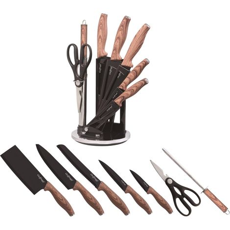 Ensemble de couteaux - GENERIC - 8 pièces - Acier noir - Manche en bois - Neuf