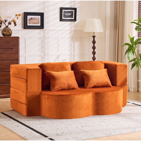 Canapé-lit de sol pliable orange en tissu doux avec 4 coussins OKWISH (1/5)