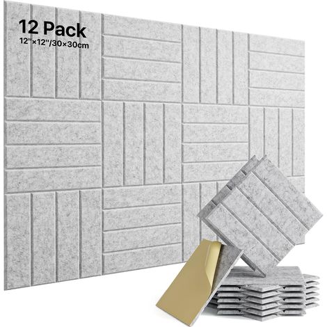 Panneaux Acoustiques Autocollant Gris Argenté Lot de 12 Pièces en Polyester, Isolation Acoustique, Absorbeur Acoustique, pour Traitement Acoustique et Décoration Murale 30×30×0,9cm (1/5)