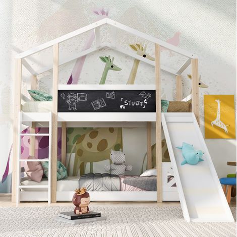 Letto a soppalco in legno massello e MDF bianco 90x200 cm con scivolo, scala e reti incluse (1/5)