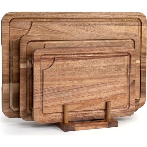 Lot de planches à découper en bois pour cuisine avec rainure pour jus, planches à découper (37x25-30x20-25x17cm) et bloc de boucher pour viande, légumes et fromage (1/5)