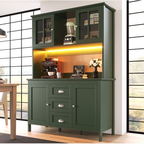 Küchenschrank 120/40/179 cm grün mit LED, Glastüren und viel Stauraum (1/5)