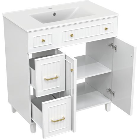 Mueble de baño de pie con lavabo cerámico 81,7 cm MDF lacado y patas de madera de pino blanco HOMVRA (1/5)