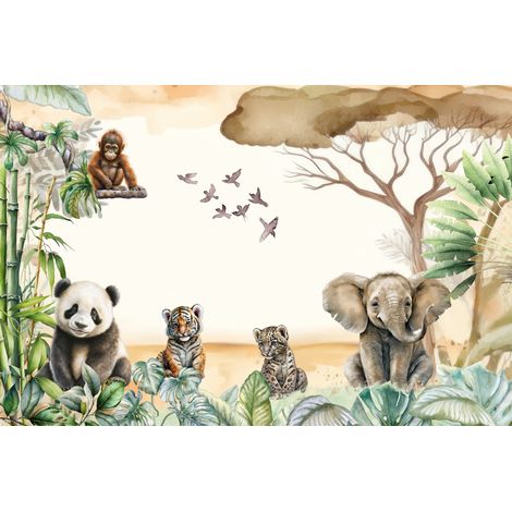 Fotomural infantil con temática de safari, sabana, tigre, leopardo y elefante M126 300x200 (1/5)