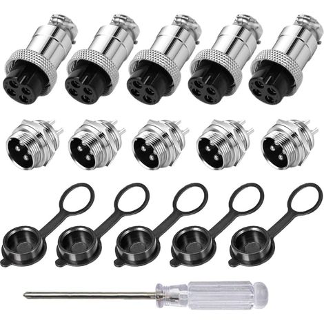 5 Pièces 4 Broches GX16 Connecteur, 16 mm Fileté Panneau Métal Câble Connecteur, 5A Mâle Femelle Connecteur Fiche Prise Kit, avec Caoutchouc Capuchon (1/5)