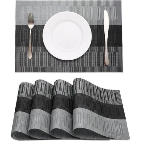 Lot de 4 sets de table noirs en vinyle tissé, résistants à la chaleur, lavables et antidérapants, pour décoration de table (1/4)