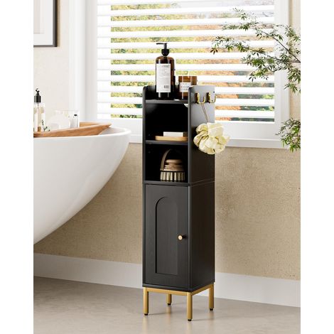 Armoire de salle de bain, Meuble de sol indépendant, Colonne de rangement haute avec porte, Rangement fin pour salle de bain, cuisine, salon, chambre, balcon ou bureau, Noir (1/5)