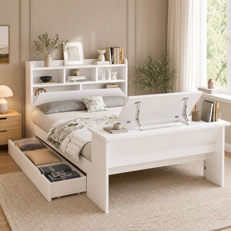 Letto 140x200 cm con contenitore, testiera con mensola, cassetto e tavolino DESVIAE (1/5)