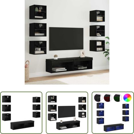 vidaXL Wandmontage -  TV-Schränk mit LED-Lichtleisten 8 pcs Schwarz Eichen-Optik Glas (1/5)
