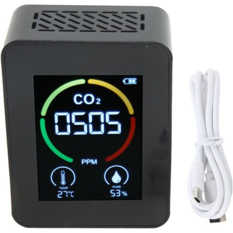 Détecteur de CO2, moniteur de dioxyde de carbone, capteur infrarouge de qualité de l'air avec détection de température et d'humidité, noir (1/5)