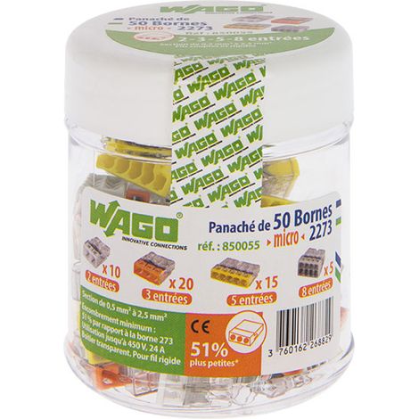 Wago – Borne de connexion automatique 50 entrées PUSH WIRE® – 400V 24A – Raccordement 1 à 2.5 mm² – Boîtier transparent pour contrôle visuel