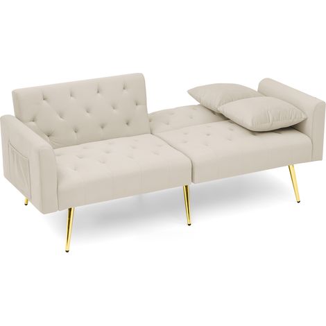 Canapé 2 places en velours beige avec dossier réglable en 3 positions et pieds métalliques dorés (1/5)