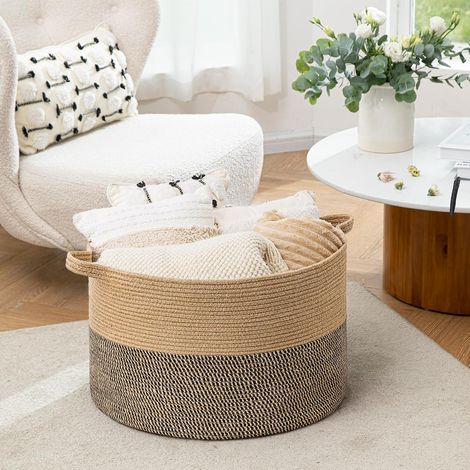Cesta tejida extragrande de 55 x 35 cm, cesta para juguetes de perro, cesta para la ropa sucia, cesta para zapatos de entrada, 90 L, negra y de yute. (1/4)