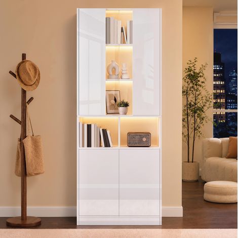 Armadio alto 70x35x180 cm, con ante doppie, luce LED, inserto in acrilico, MDF e truciolare bianco (1/5)