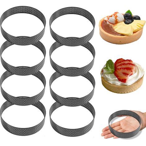 8 Pièces Cercle à Pâtisserie, Acier Inoxydable, 10 cm, Perforé, Moule à Tarte, Noir, pour Desserts DIY (1/5)